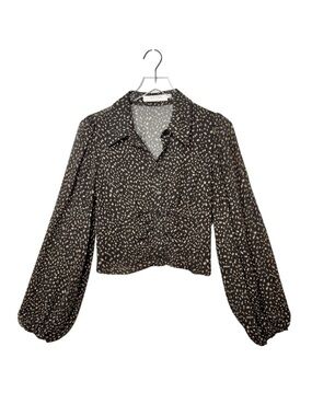Astr Black Taupe Geo Print Ruched Balloon Sleeve Women’s Blouse Sz L